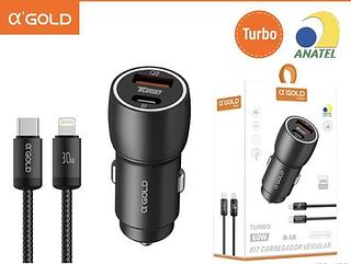 CARREGADOR FONTE VEICULAR TIPO C + USB C/CABO IPHONE